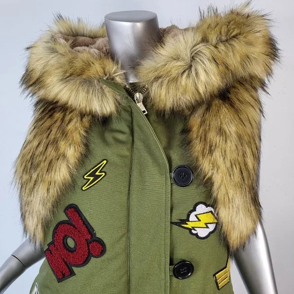 NWOT~$545~KINGSTAR~S/M~ARMY GREEN HOODED FAUX FOX RACCOON FUR PATCHES VEST COAT